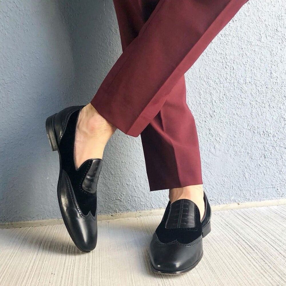 Mark Chris Mens Stefano Black Velvet Leather Wingtip Slippers Loafers EU 43